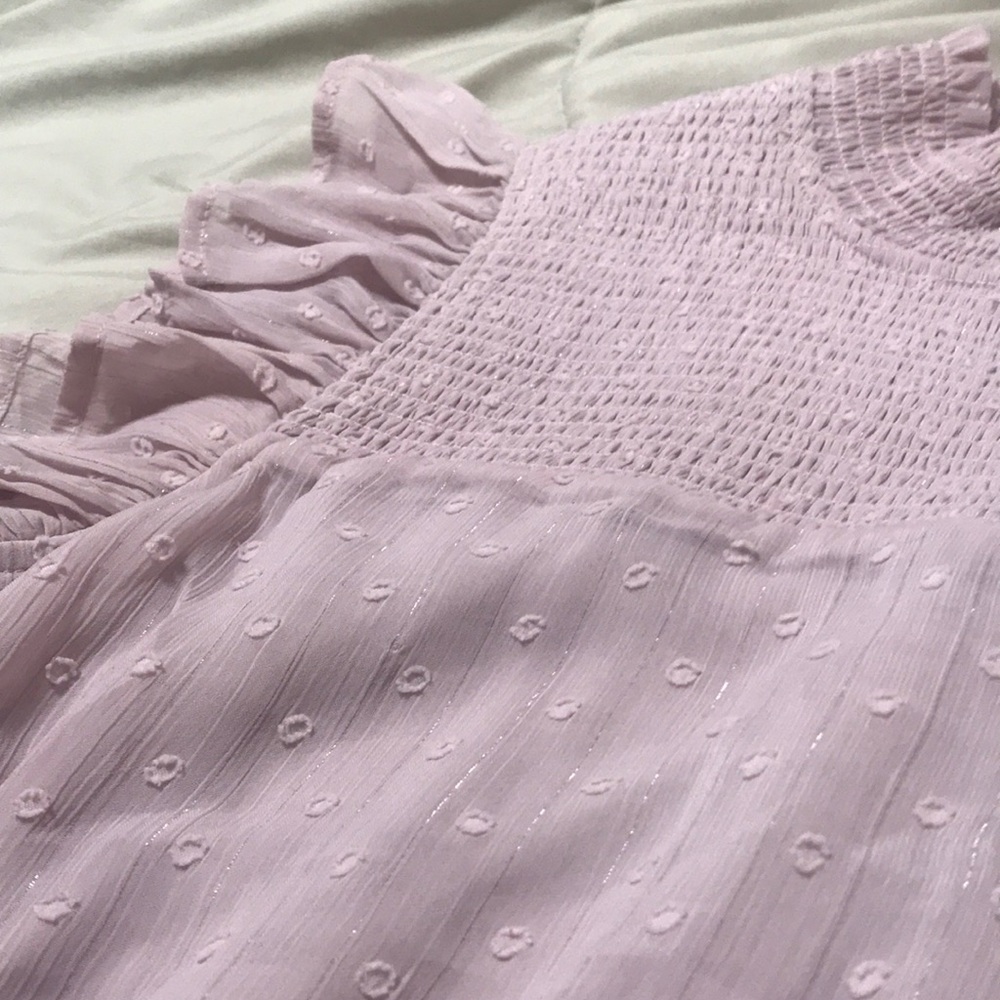 SOLD Aqua Mini Dress Flutter Sleeve Ruffle Smocked Pink Purple Pit to Pit 18โ ๐จ - Picture 4 of 14